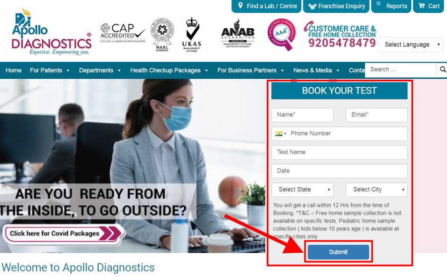 Steps to book lab visit appointment from Apollo Diagnostics